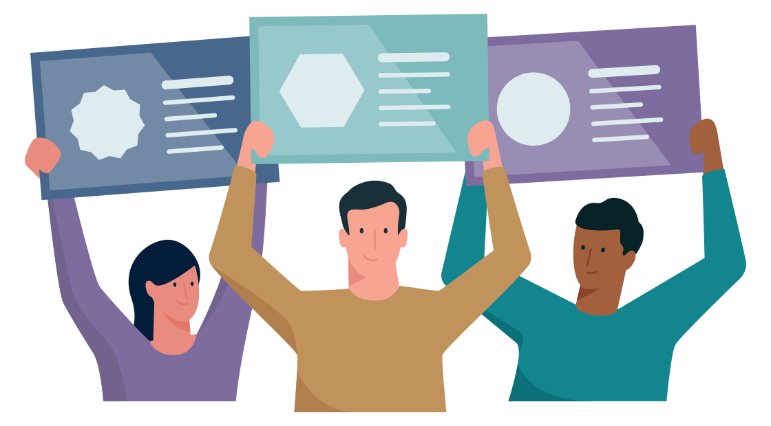 drie mensen houden een bord omhoog met verschillende certificaten