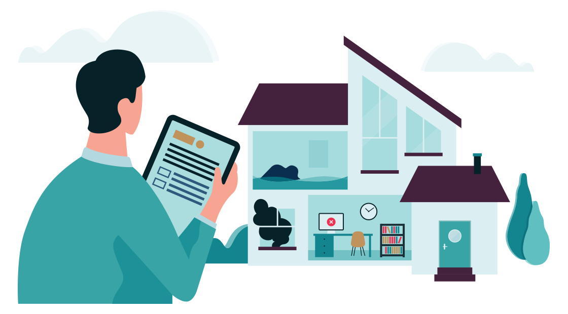 man staat voor een huis met een tablet