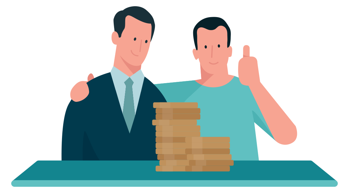 adviseur en klant met een stapel muntstukken