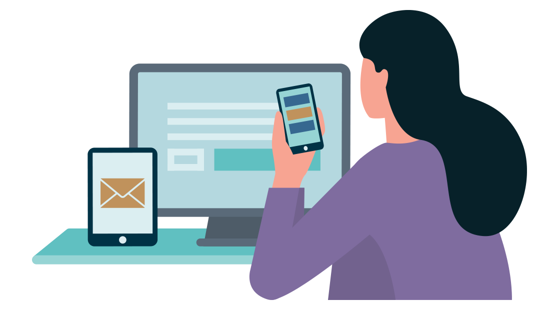 vrouw met computer, tablet en mobiel