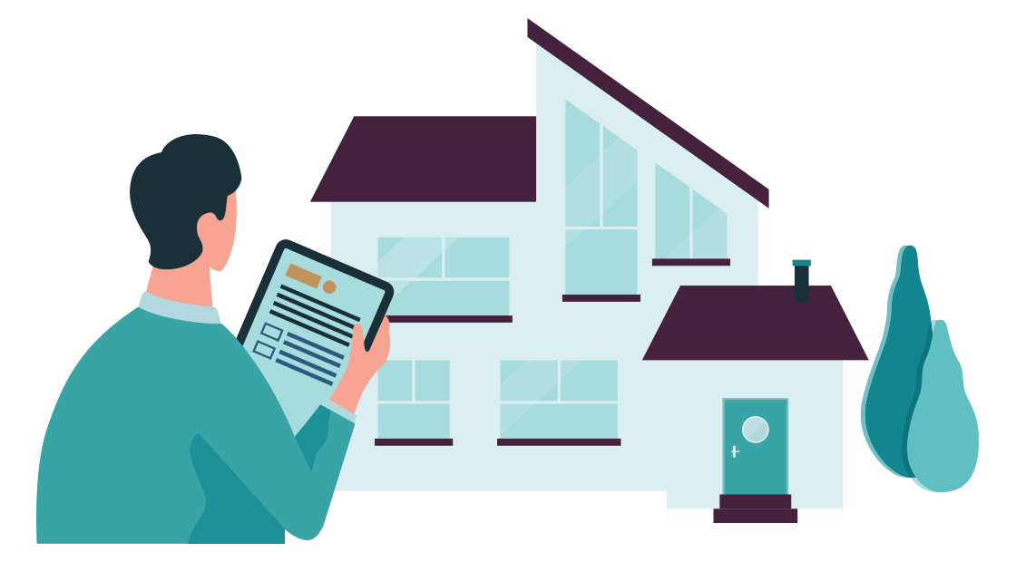 man met een tablet voor een huis