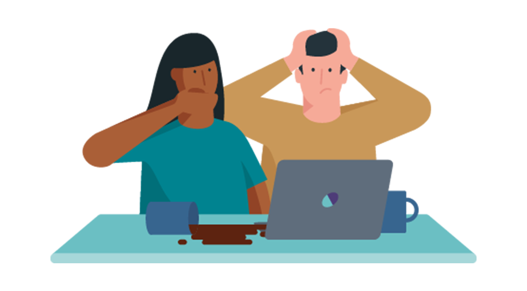 man en vrouw zitten achter laptop waarover een kop koffie gevallen is