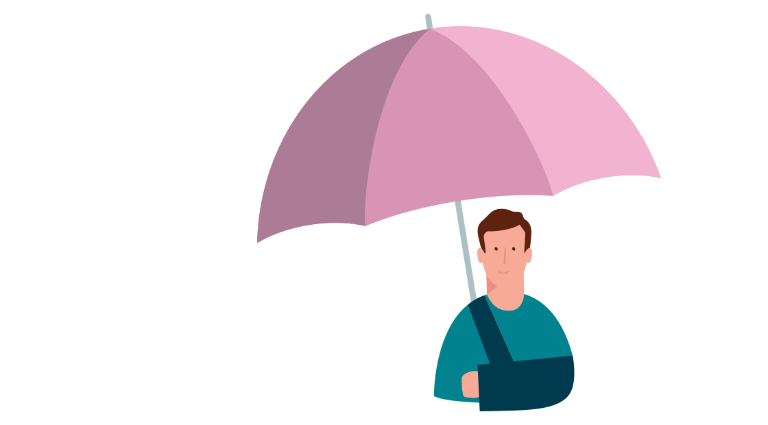 man onder een paraplu met zijn arm in een mitella