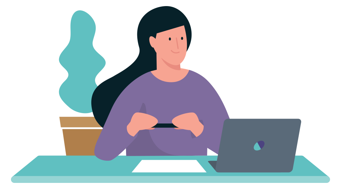 vrouw zit achter laptop en neemt een foto van een document