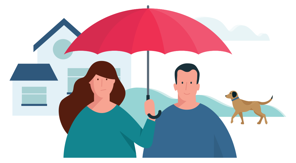 man en vrouw staan voor een huis onder een paraplu met een hond op de achtergrond