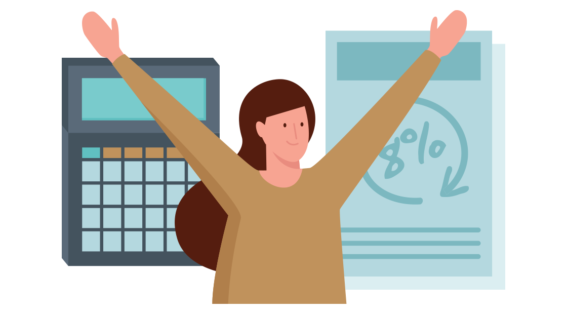 vrouw juicht voor een rekenmachine