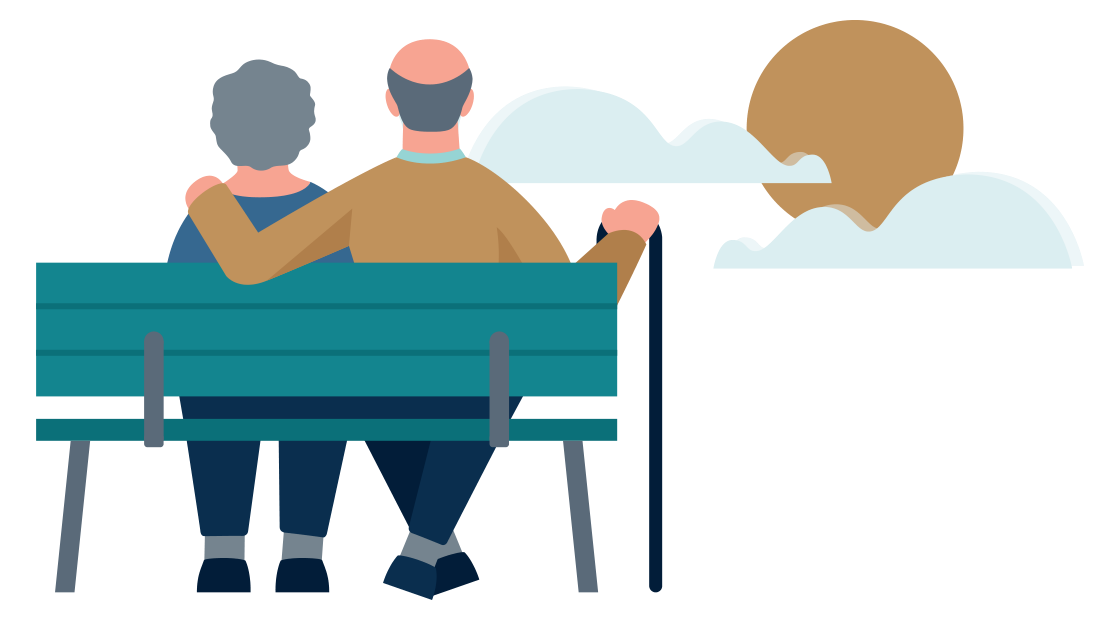 een ouder stel zit op een bankje naar de zonsondergang te kijken