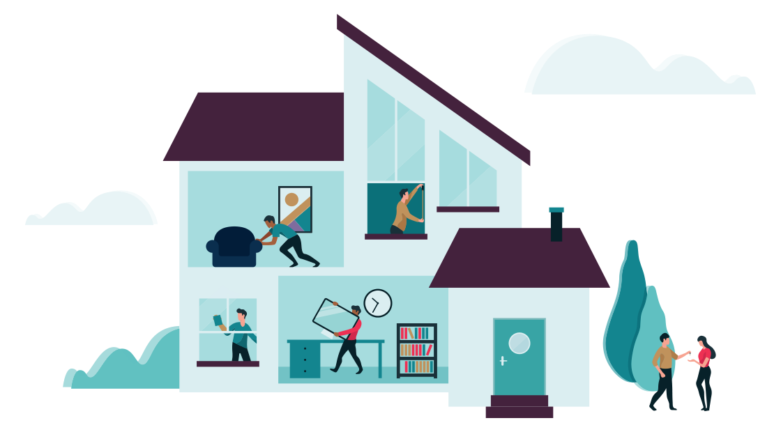 Een woonhuis waarin mensen aan het verhuizen en verbouwen zijn