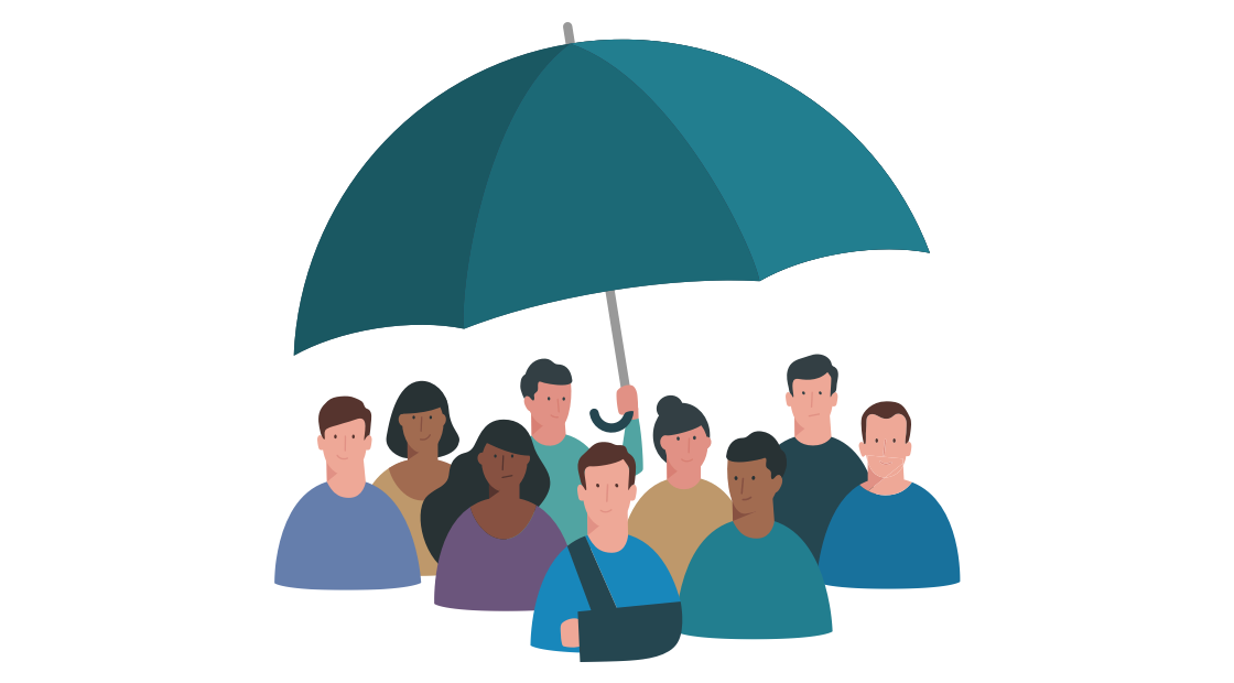 er staan 9 mensen onder een grote paraplu