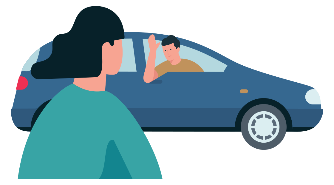 man zwaait vanuit het raam naar een vrouw