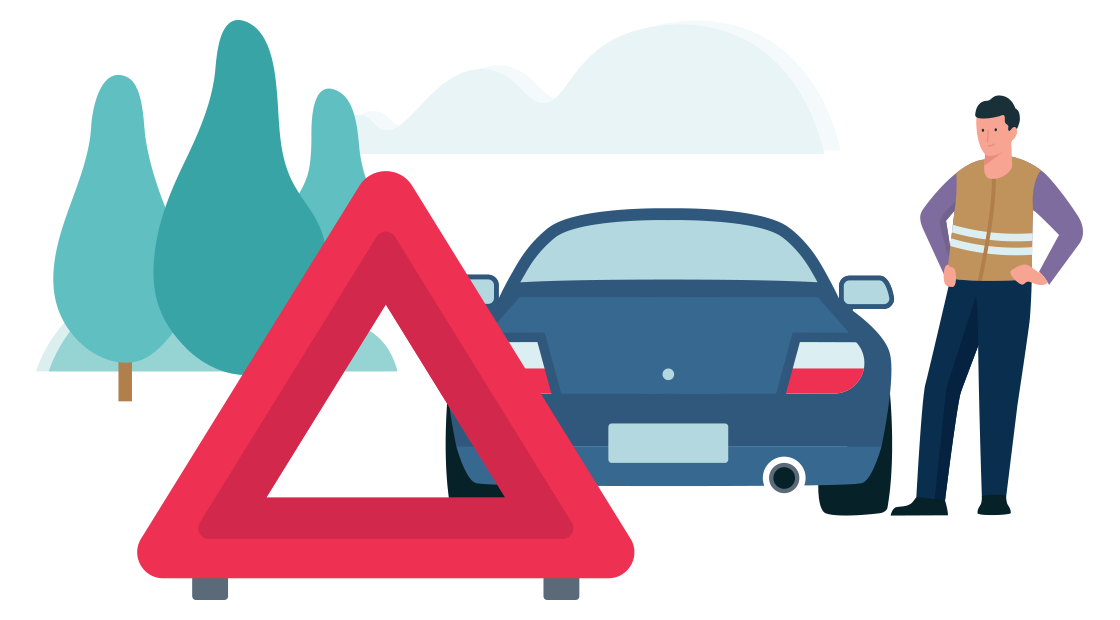 man staat met pecht langs de weg met een veiligheidsvestje aan en een gevaren driehoek op de weg