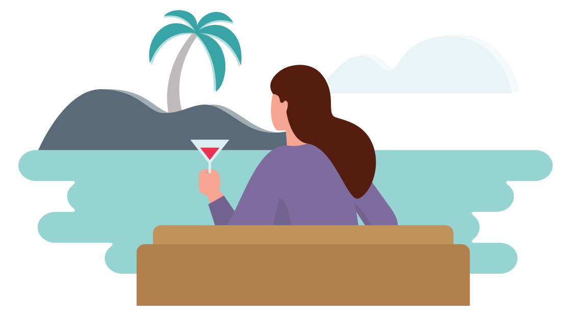 vrouw zit op het strand met een cocktail