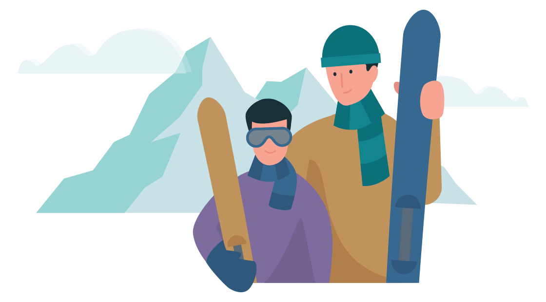 vader en zoon staan met ski spullen op de piste