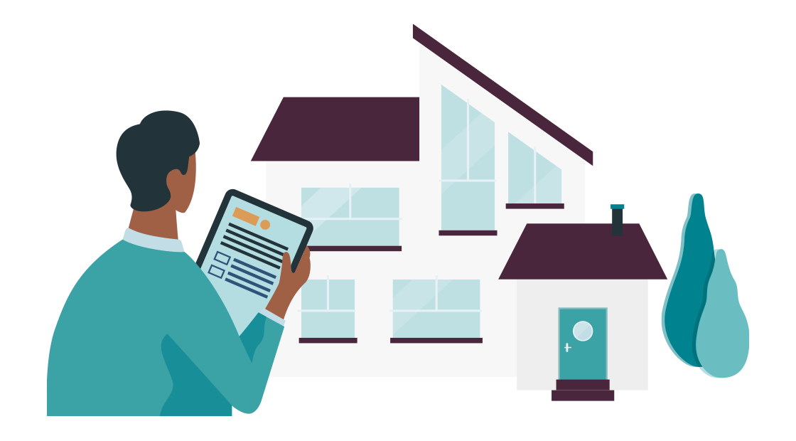 een adviseur staat voor een huis met een tablet in zijn hand