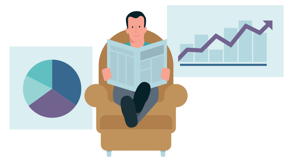 een man zit op zijn fauteuil een krant te lezen met op de achtergrond verschillende grafieken