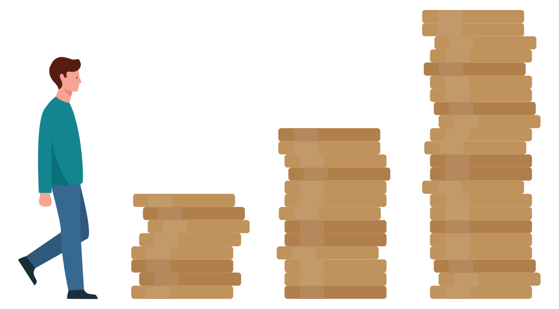 man met grote stapels muntstukken