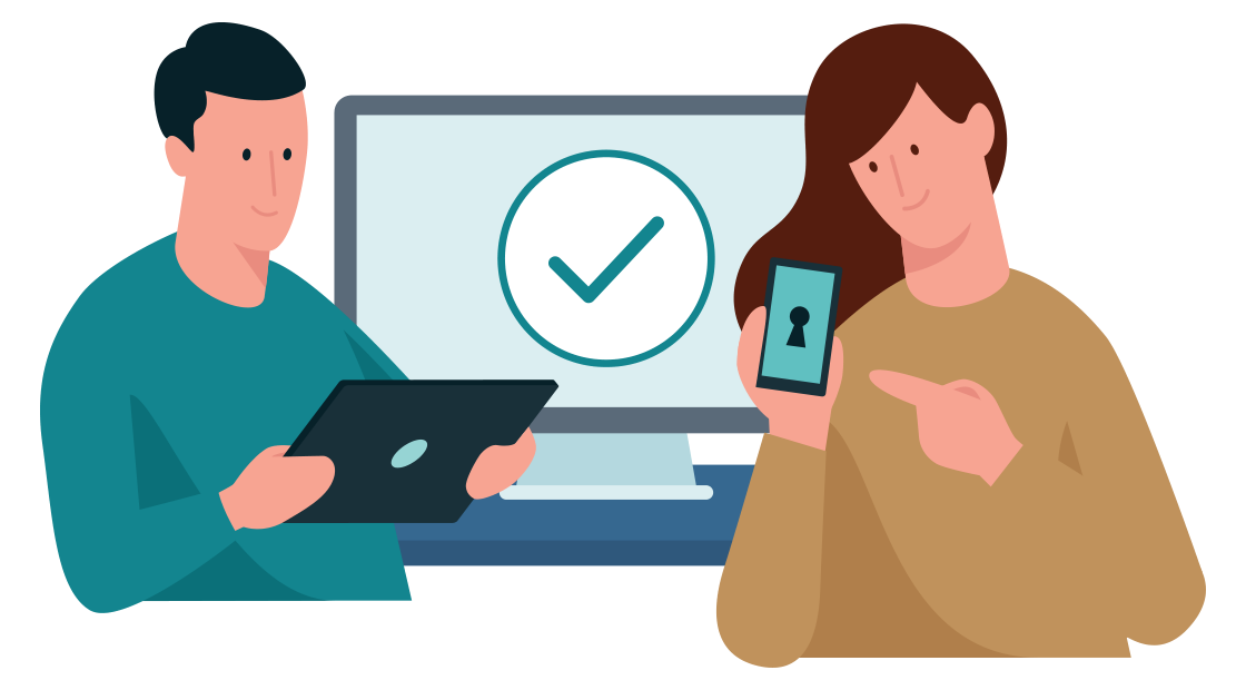 man en vrouw met tablet, smartphone en computer monitor