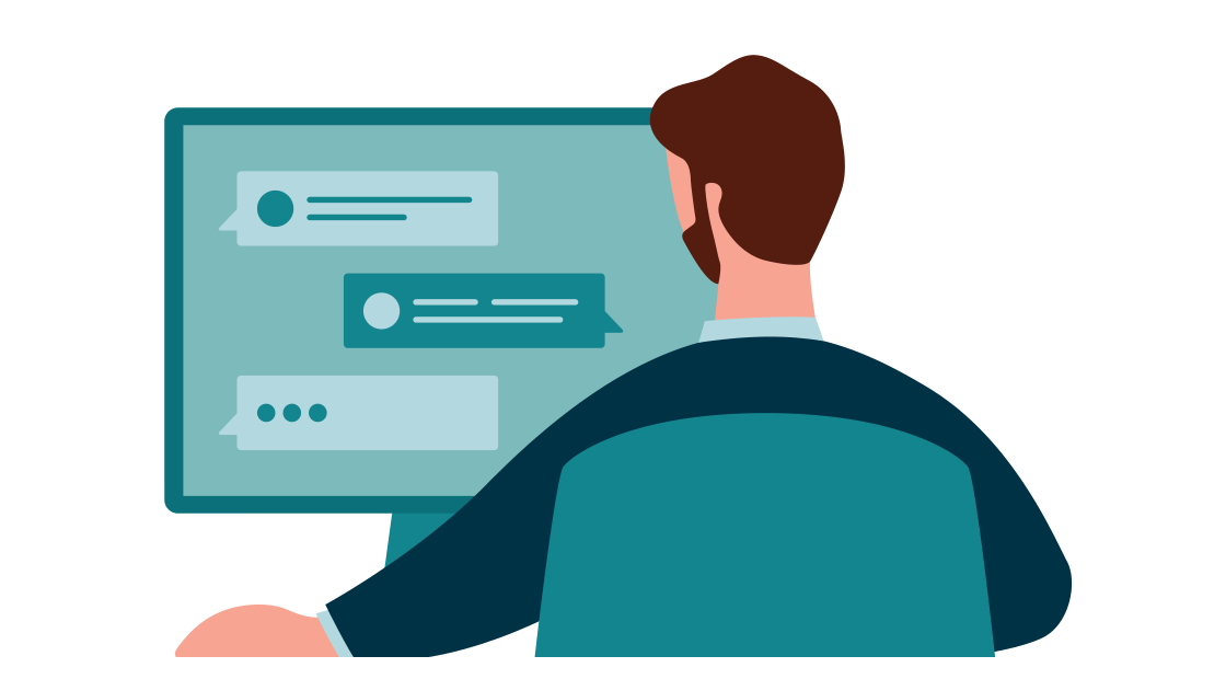 Een man zit te achter zijn monitor te chatten
