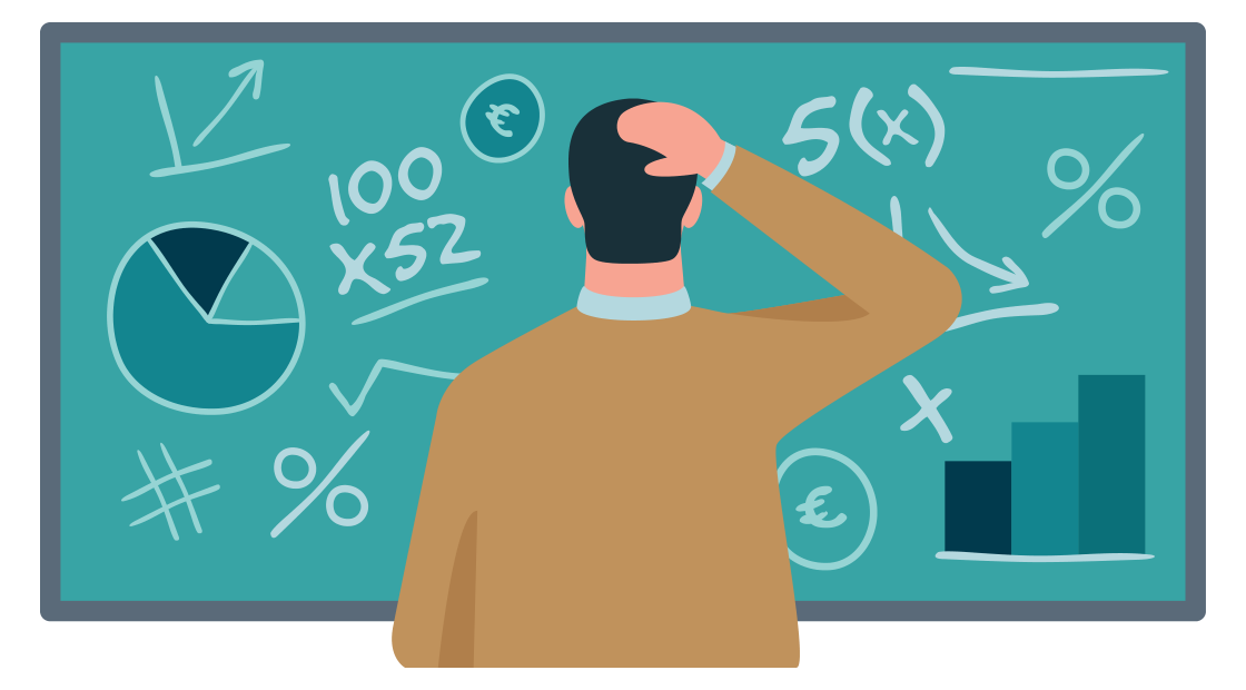 Man bestudeert grafieken en diagrammen op een schoolbord