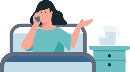 vrouw ligt in een ziekenhuis bed met een mobiele telefoon aan haar oor