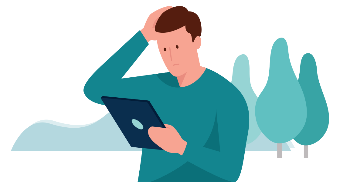 man kijkt vertwijfeld naar zijn tablet