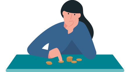 vrouw zit aan tafel munt geld te tellen