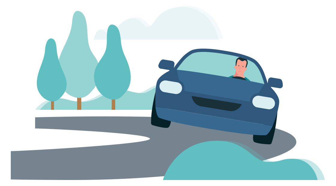 man in een auto rijdt door een bocht