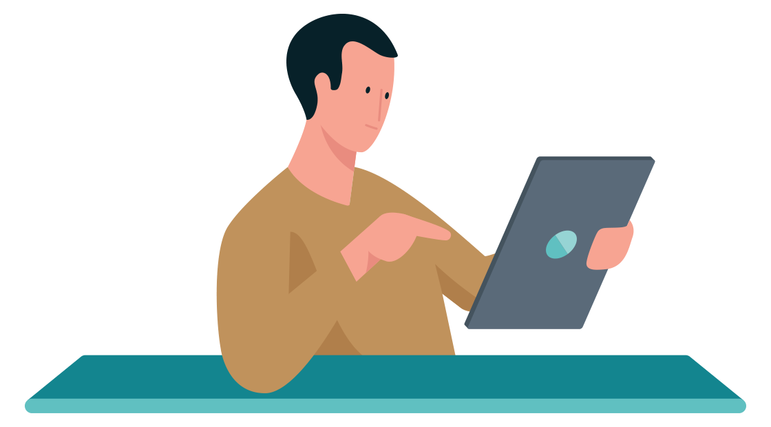 man wijst iets aan op zijn tablet