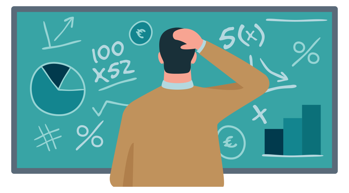 man kijkt naar een schoolbord met formules