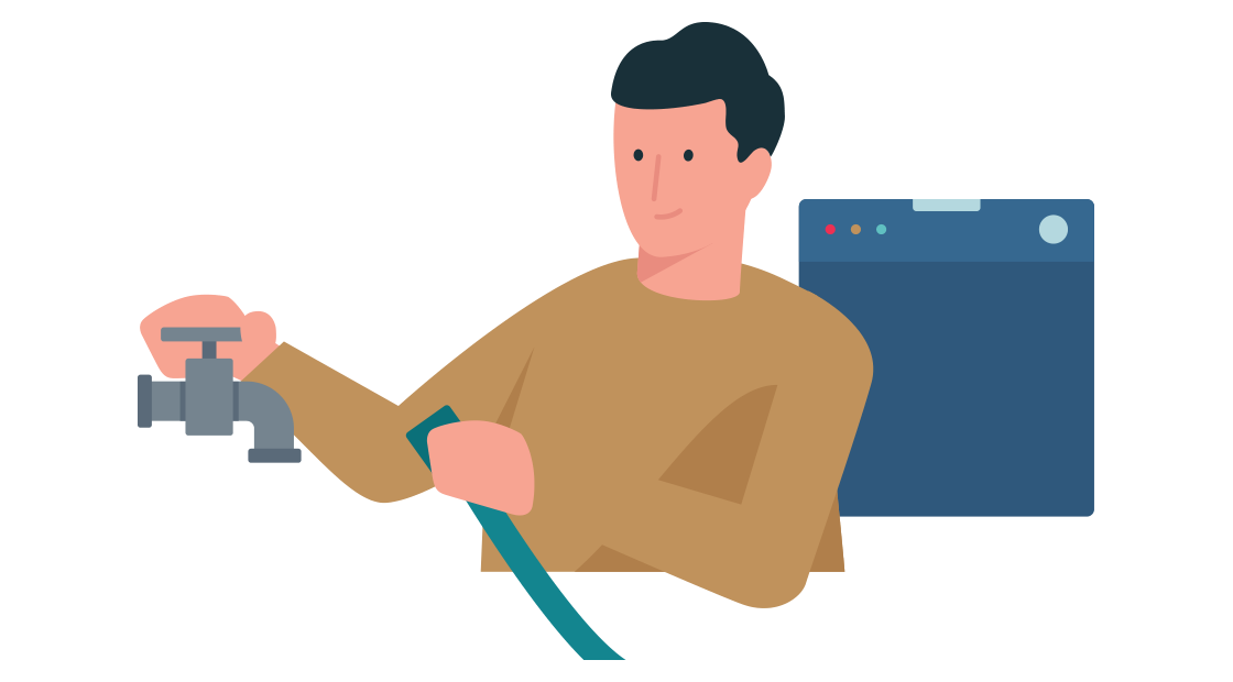 man sluit een vaatwasser aan