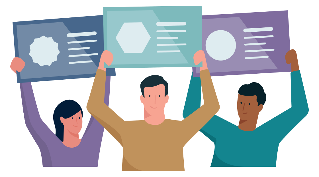 Drie mensen houden een bord omhoog met verschillende certificaten