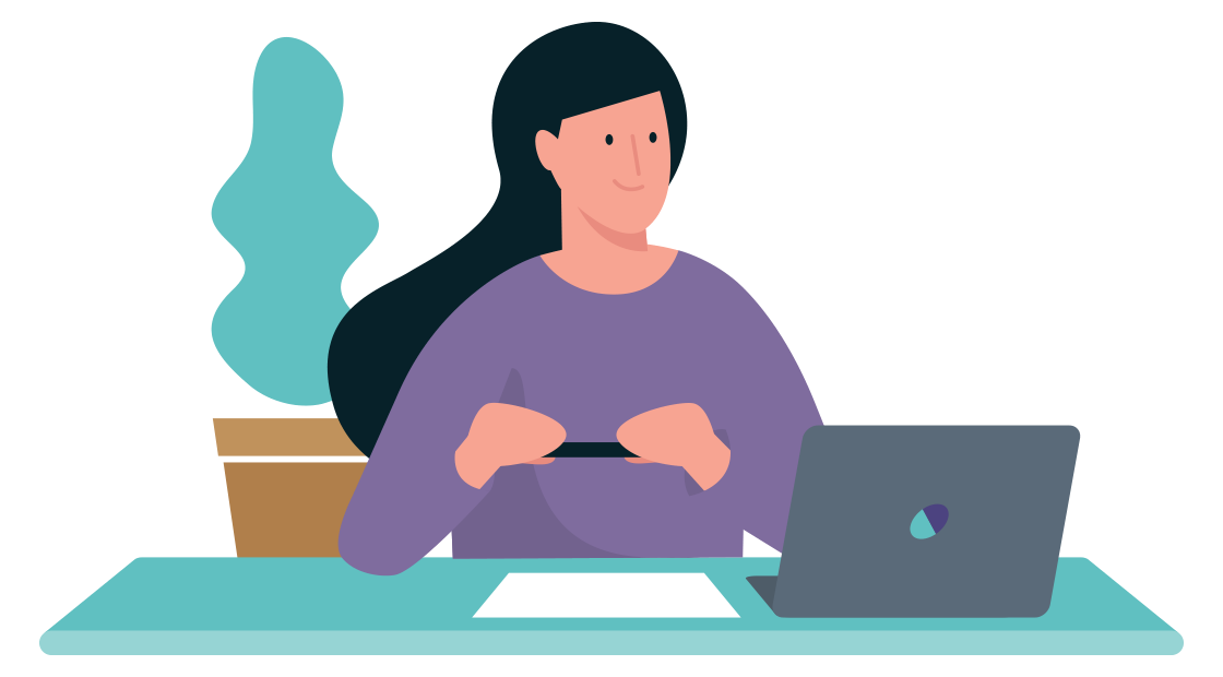 vrouw met laptop maakt een foto van een document op tafel