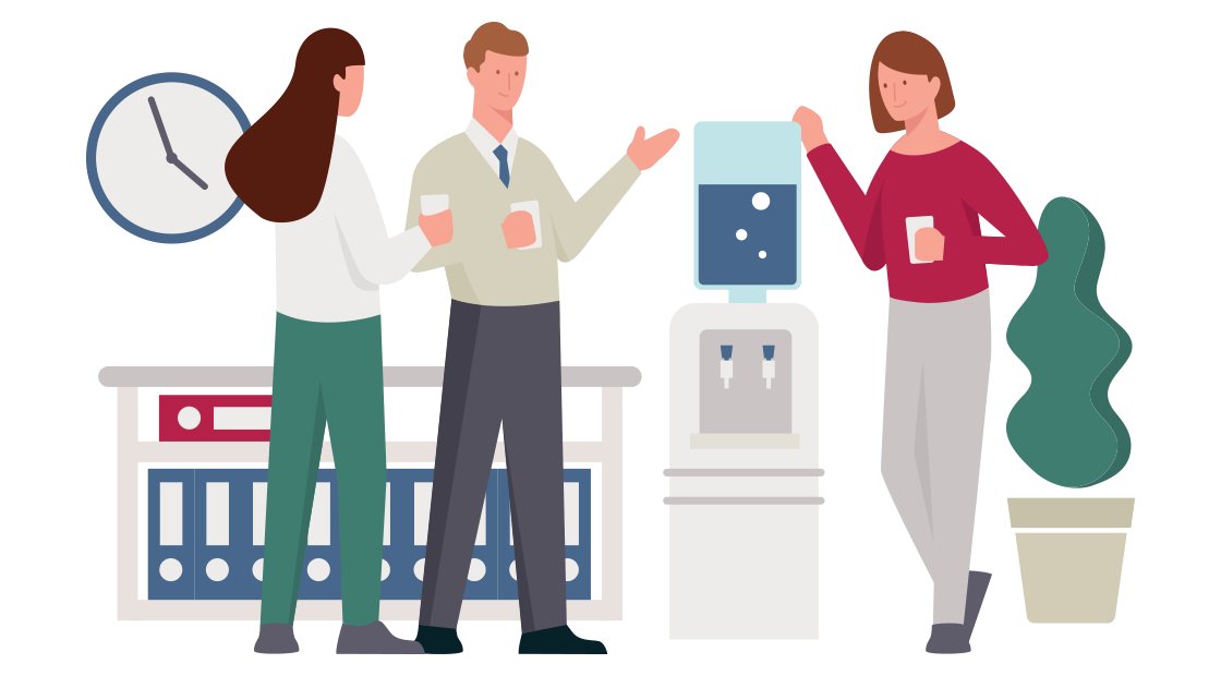 collega's staan rond een watertank te praten