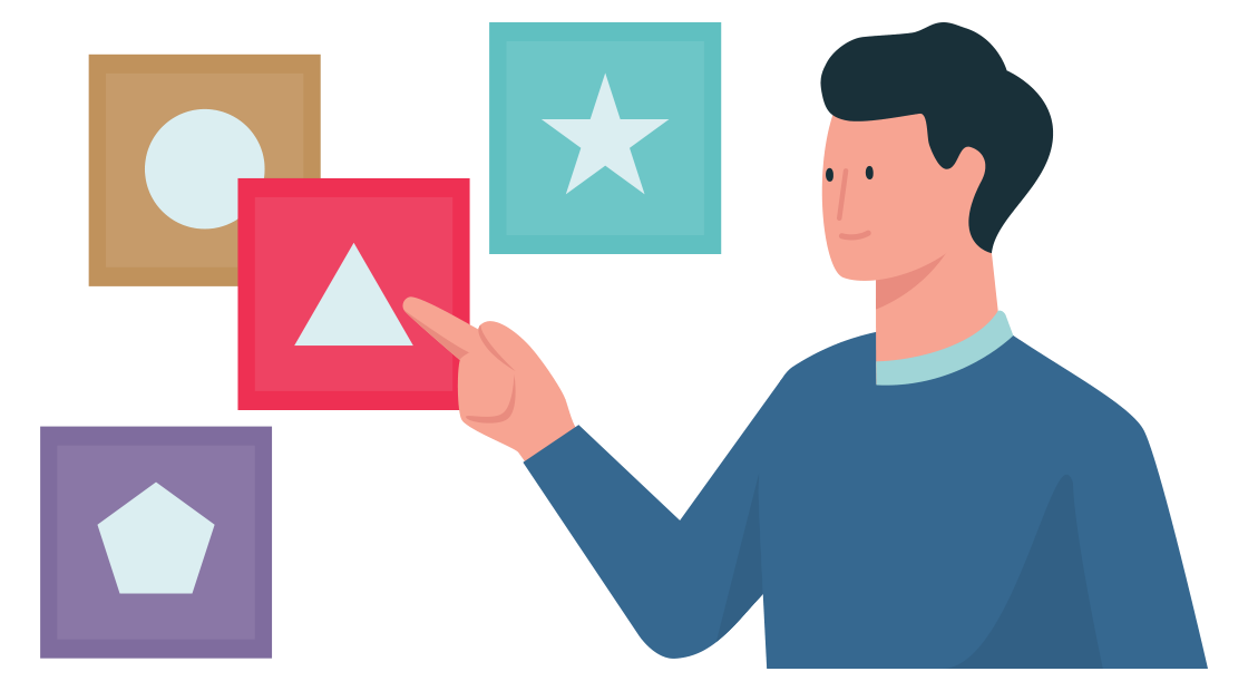 Man wijst naar een poster met een driehoek