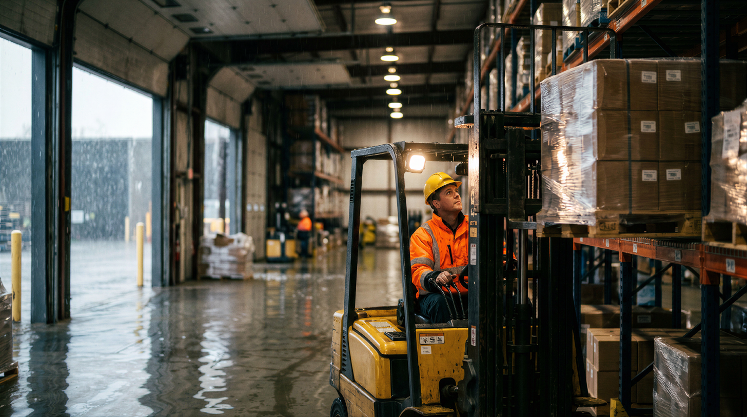 Een palletwagen zet een pallet met goederen in een rek in een magazijn.