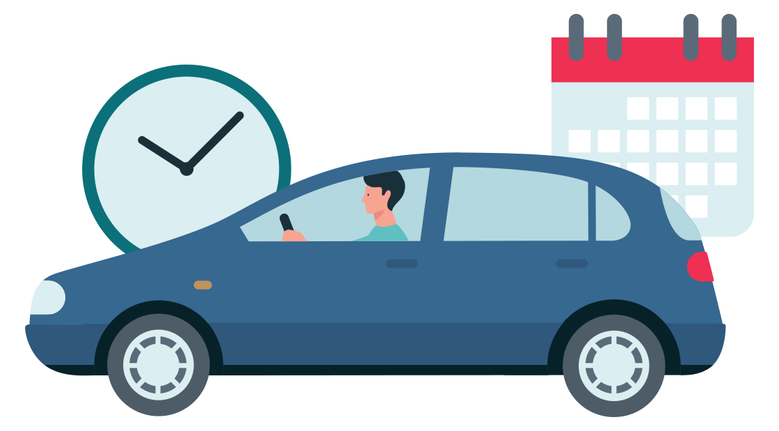 man in auto staat voor een klok en kalender